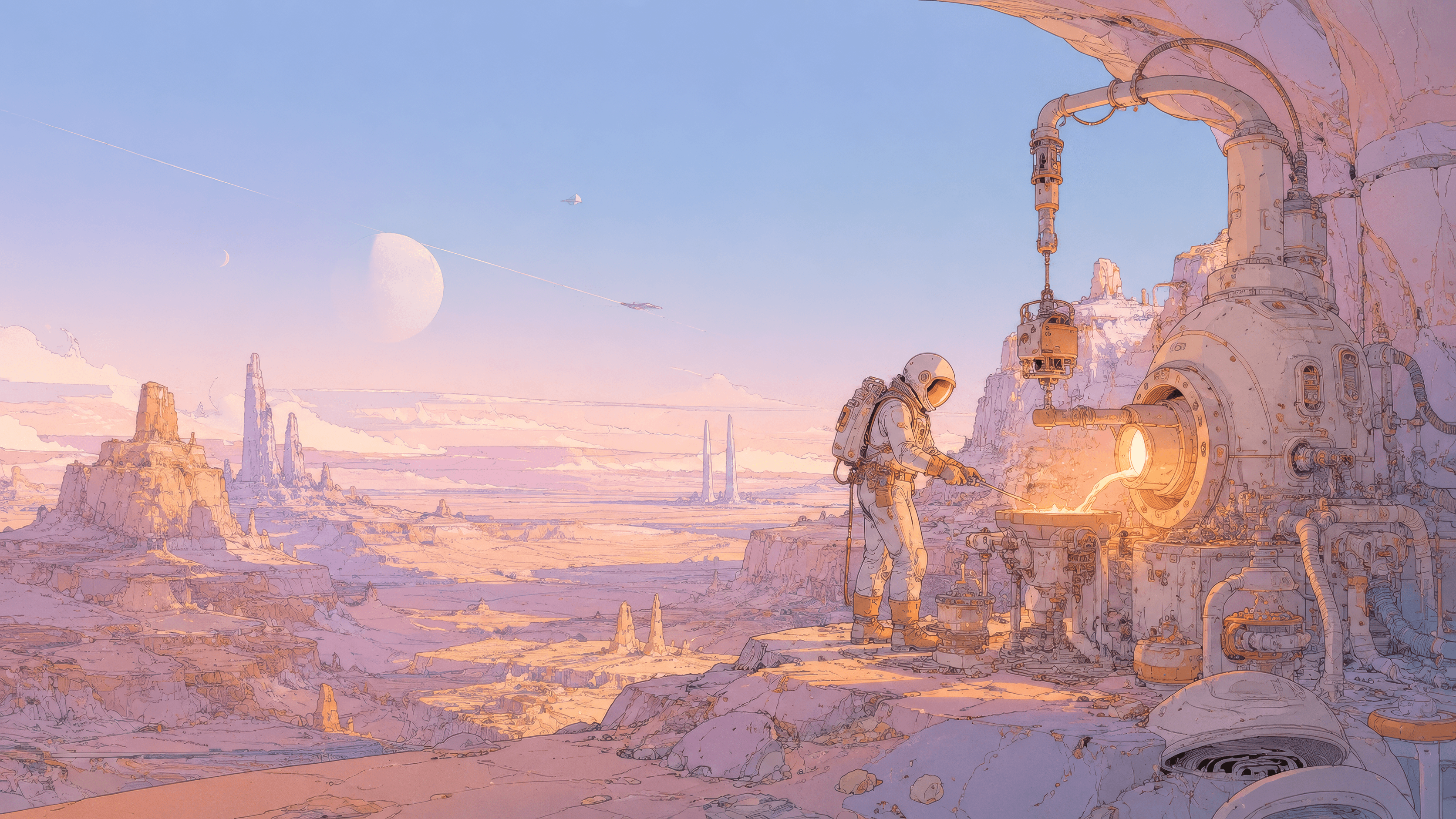 An astronaut working a forge on an alien world at dawn